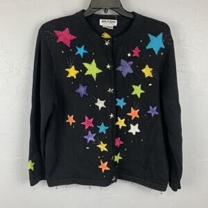 Vtg Jack B Quick Sweater Womens 2X Black Star Embroidered Beaded Cardigan